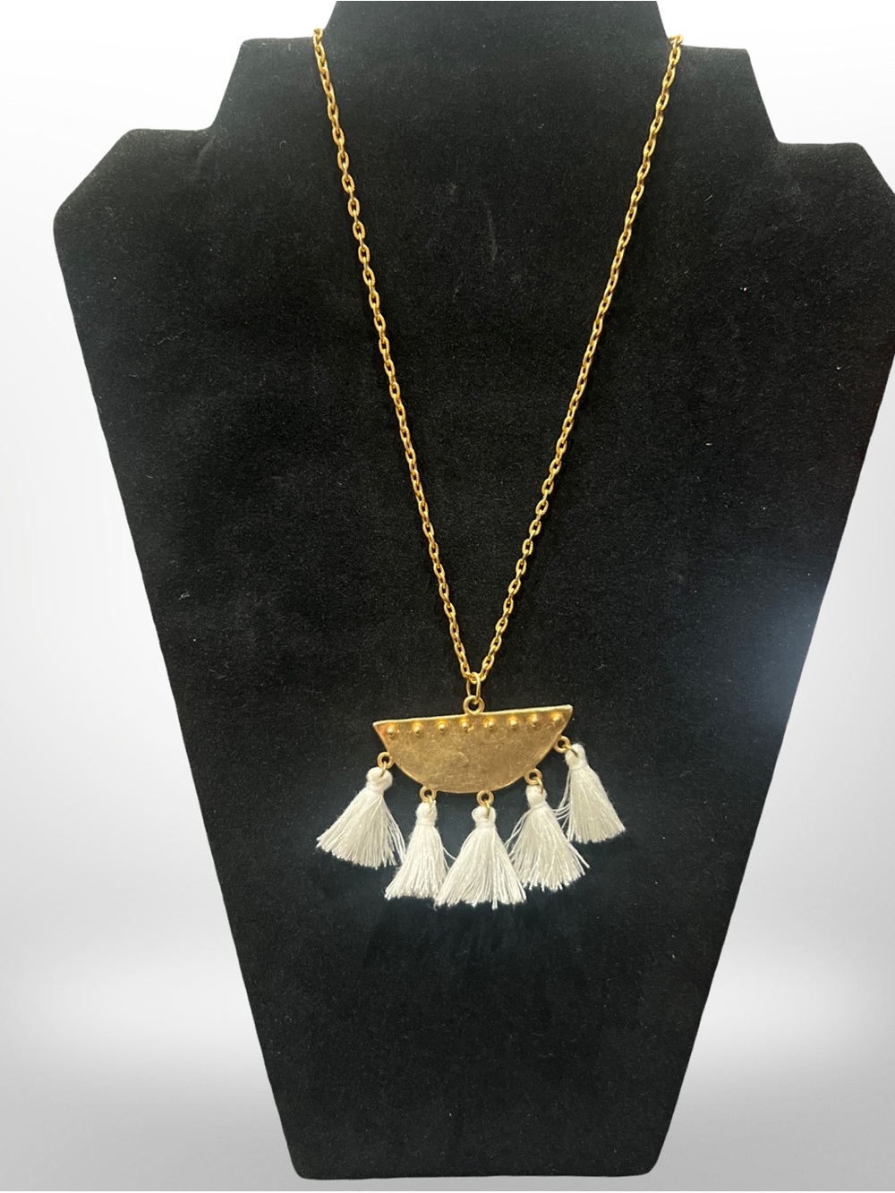 Susan Shaw Gold Tone half-moon crescent White tassel necklace